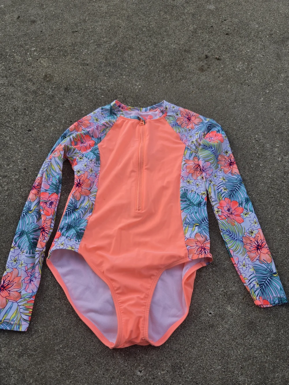wonder nation Neon Coral One-Piece Long-Sleeve Floral Rash Guard